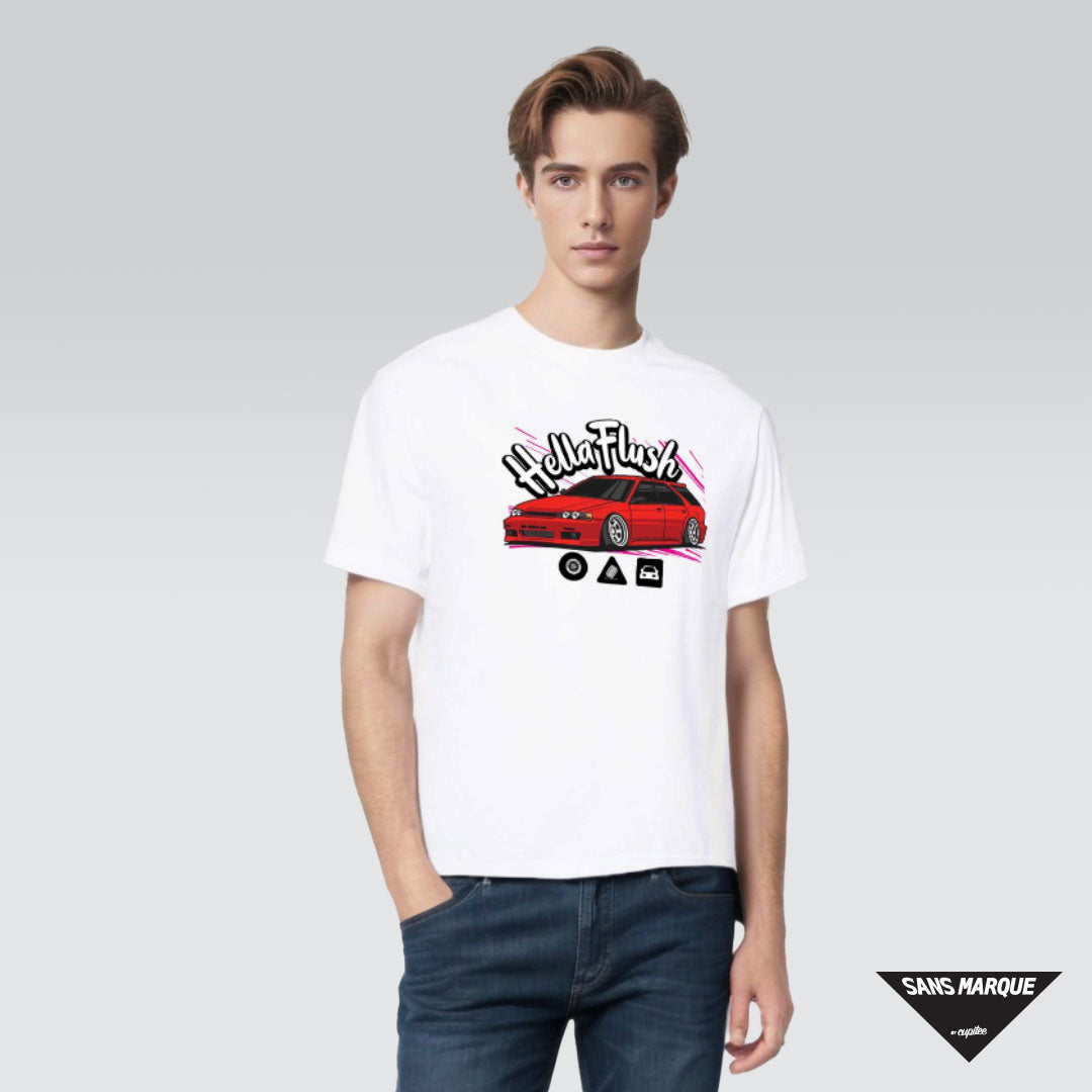 Model wearing Hellaflush Culture CE1 Car Tuner Red White T-Shirt