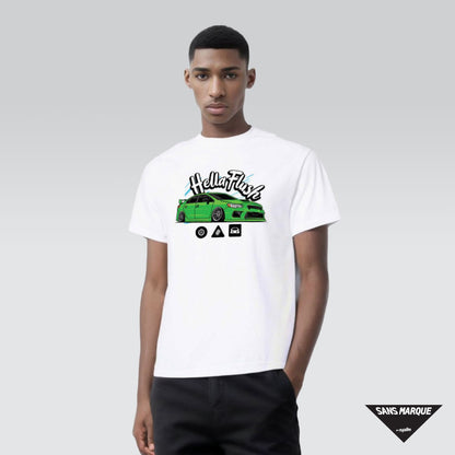 Model wearing Hellaflush Culture VA2 Car Tuner Green White T-Shirt