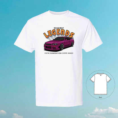 ROADWAY LEGENDS GT-R R34 Car Tuner T-Shirt (White-Purple)