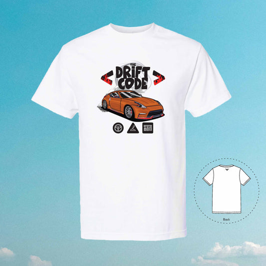 The Drift Code 370Z Z34 Car Tuner T-Shirt (White-Orange)