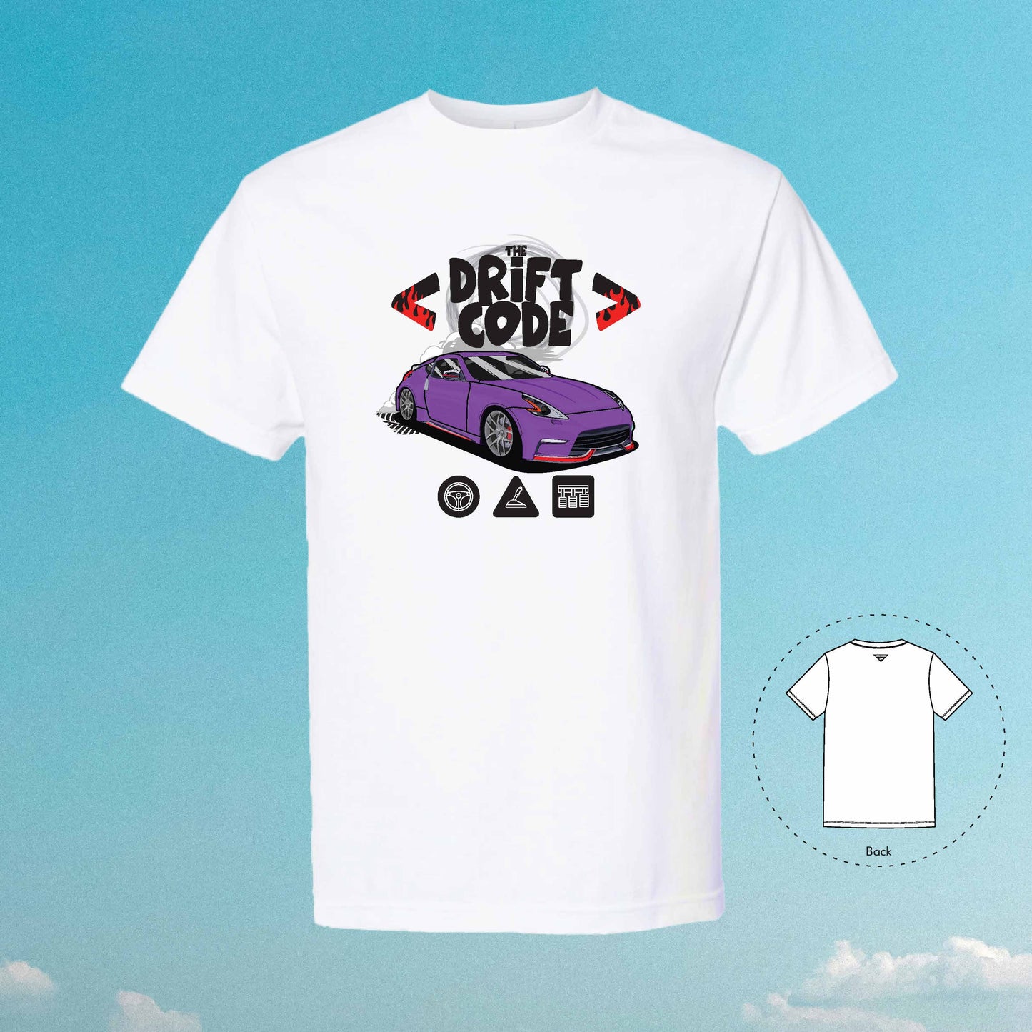 The Drift Code 370Z Z34 Car Tuner T-Shirt (White-Purple)