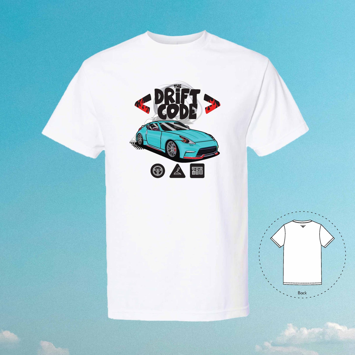 The Drift Code 370Z Z34 Car Tuner T-Shirt (White-Teal)