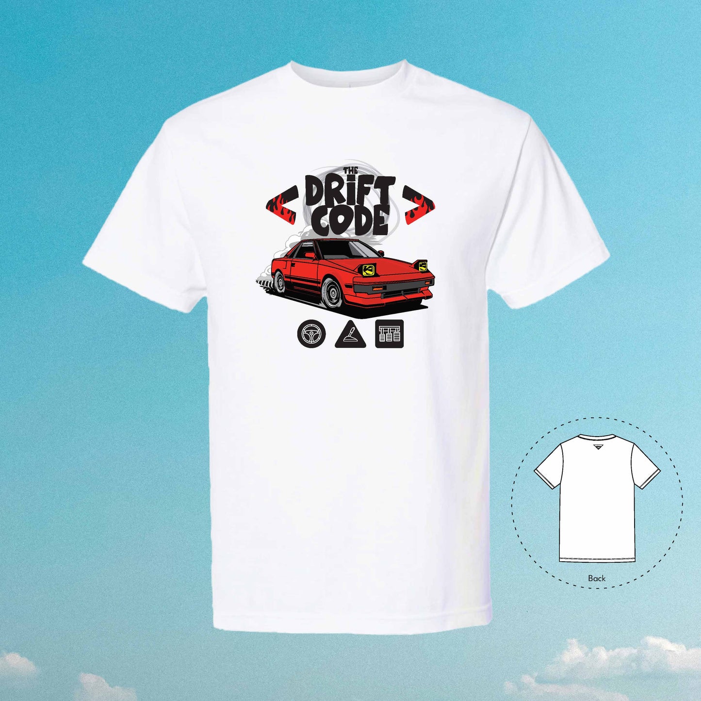 The Drift Code Corolla AE86 Car Tuner T-Shirt (White-Red)