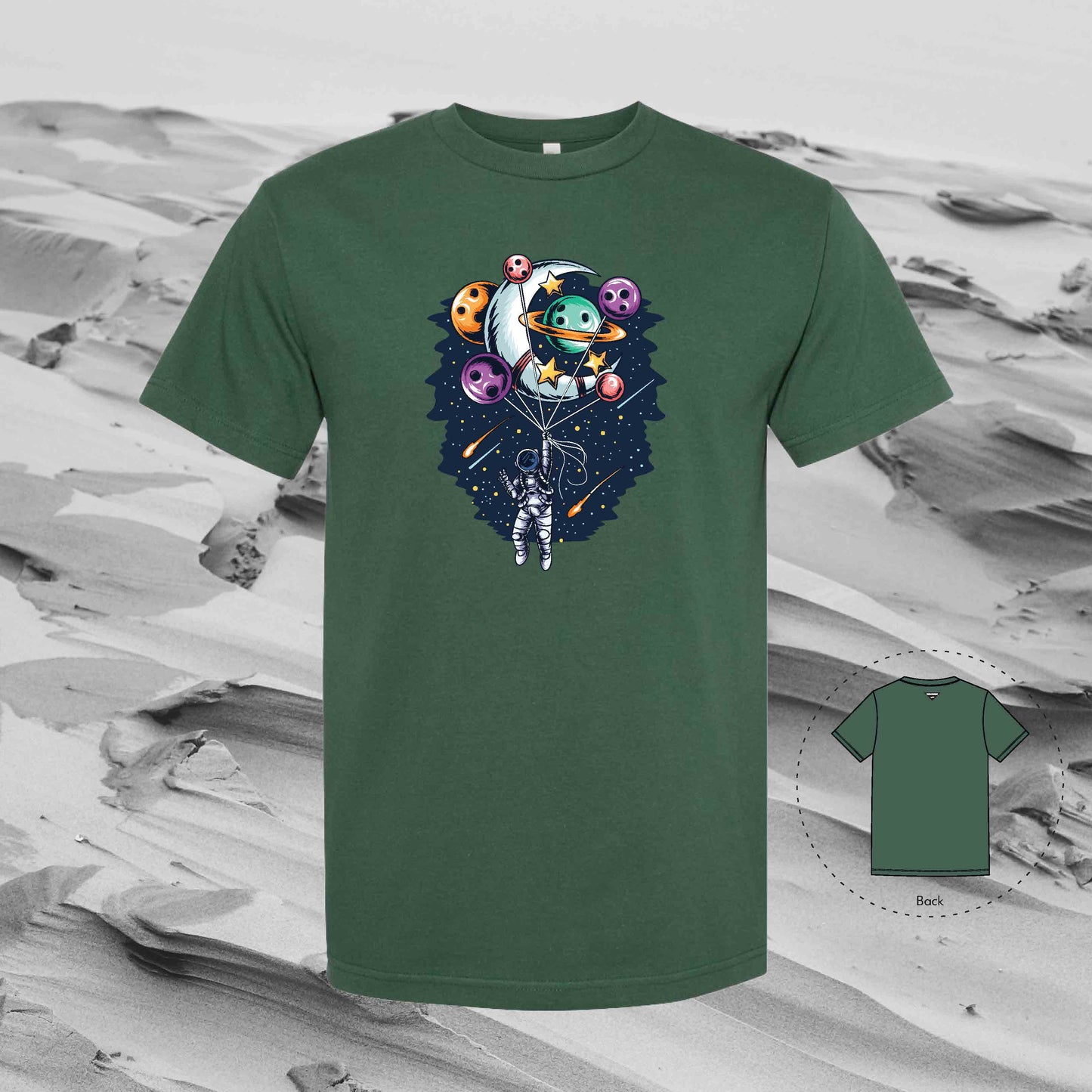 PLANET BOUQUET with Strolling Astronaut T-Shirt (Forest Green)