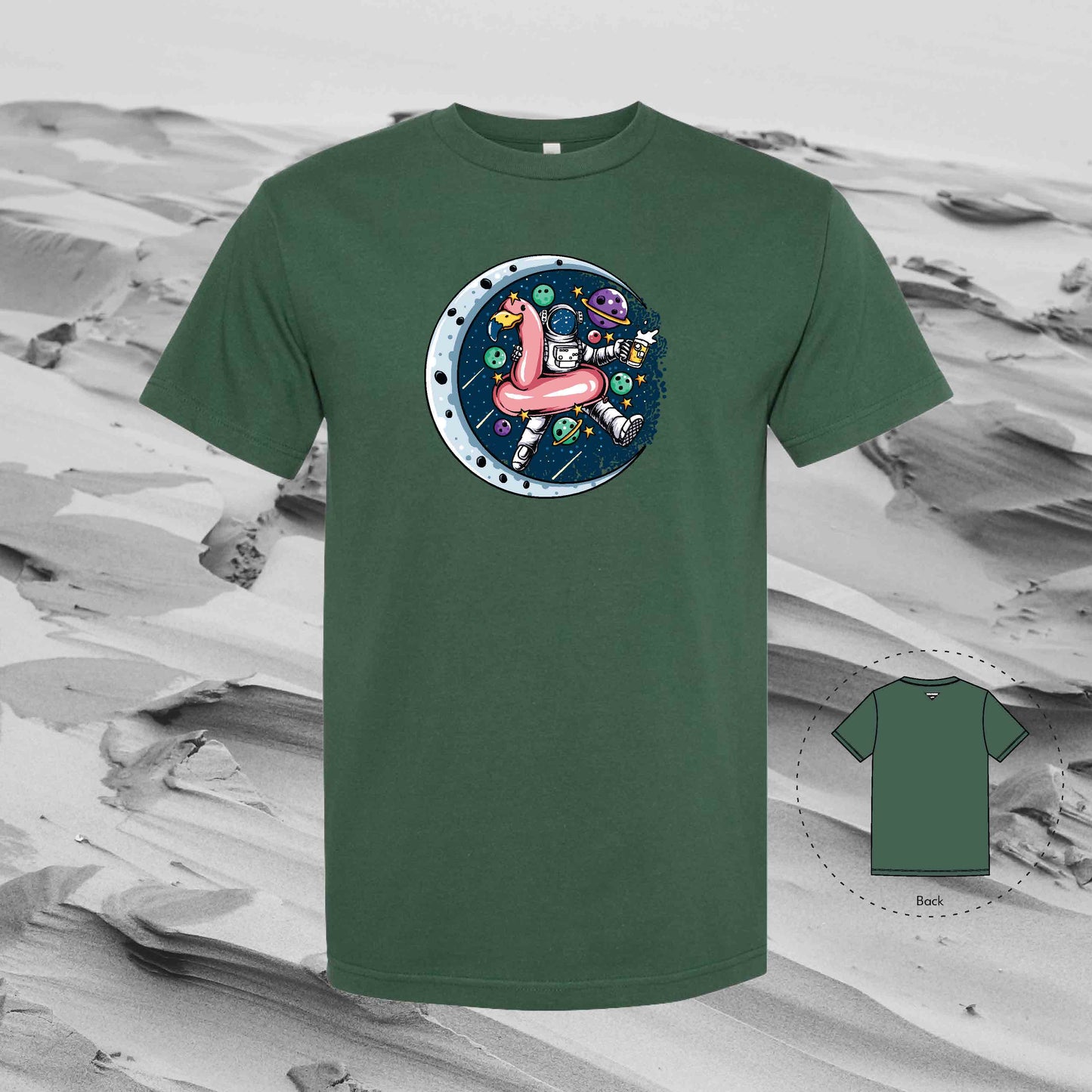 FLAMINGO AND BEER with Strolling Astronaut T-Shirt (Forest Green)