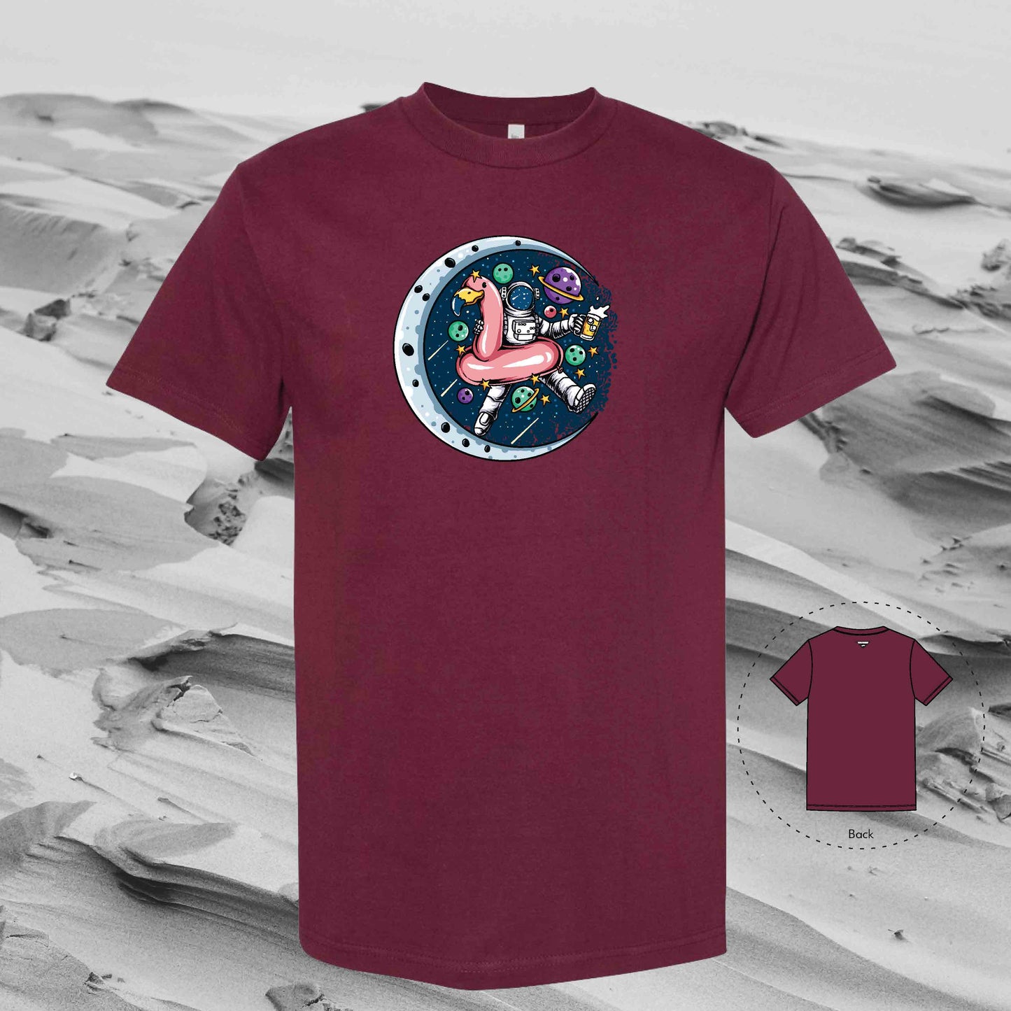 FLAMINGO AND BEER with Strolling Astronaut T-Shirt (Burgundy)