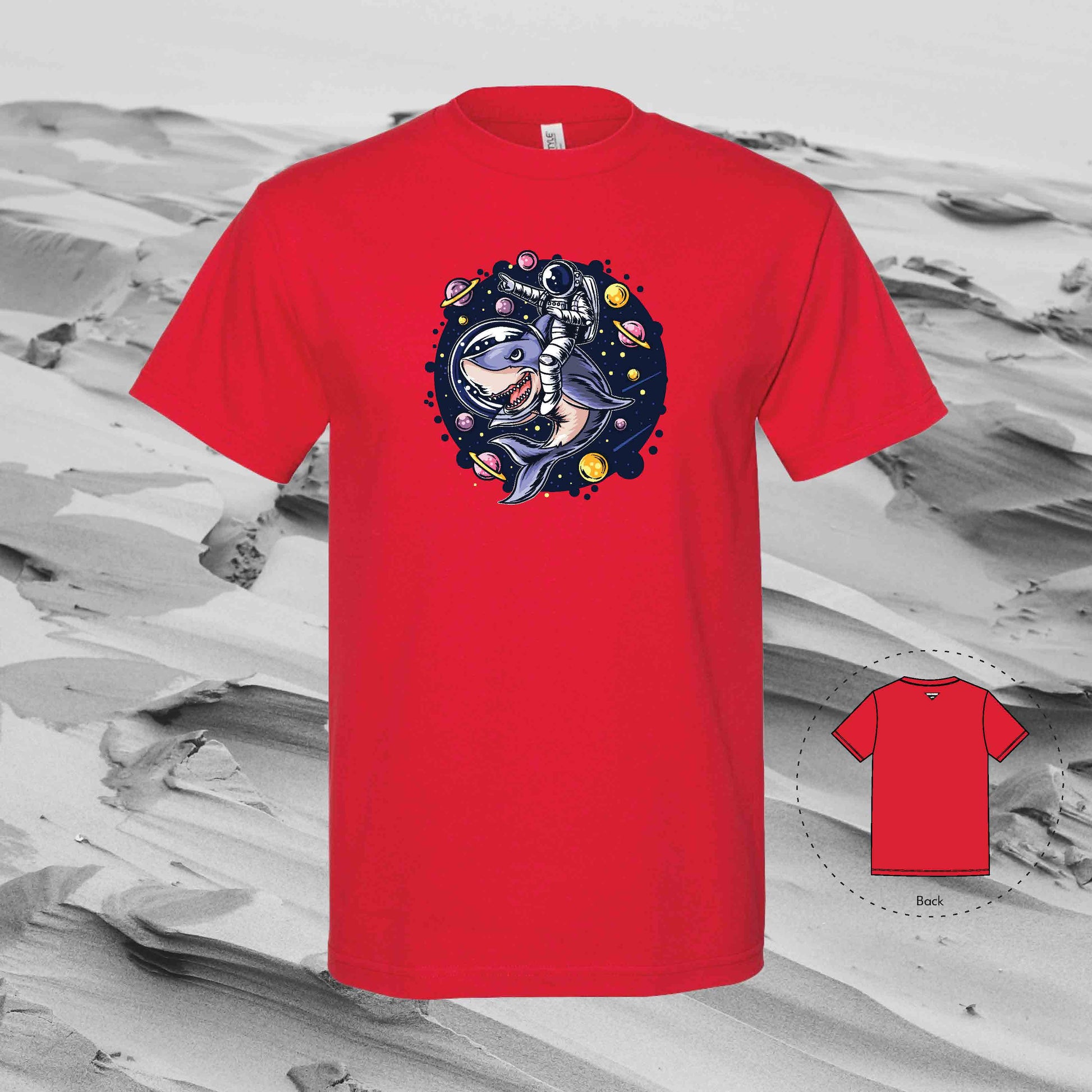 RIDE WITH SHARK Strolling Astronaut T-Shirt (Red)