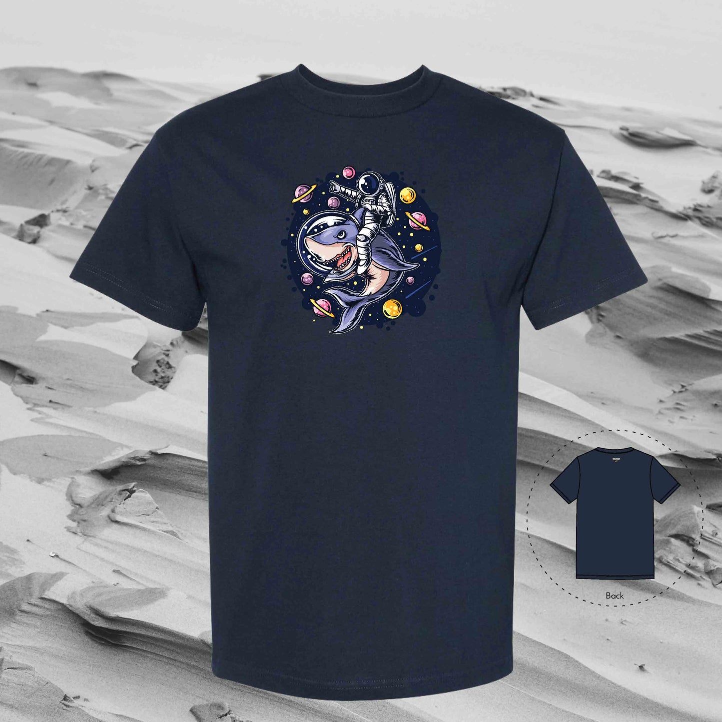 RIDE WITH SHARK Strolling Astronaut T-Shirt (True Navy)