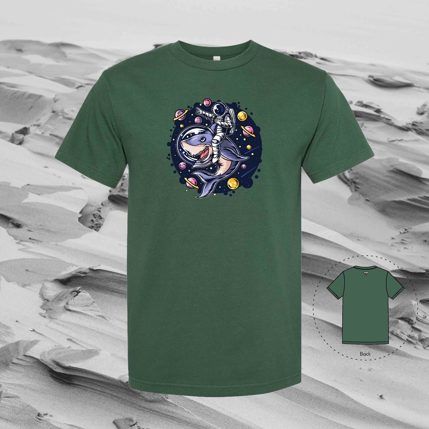 RIDE WITH SHARK Strolling Astronaut T-Shirt (Forest Green)