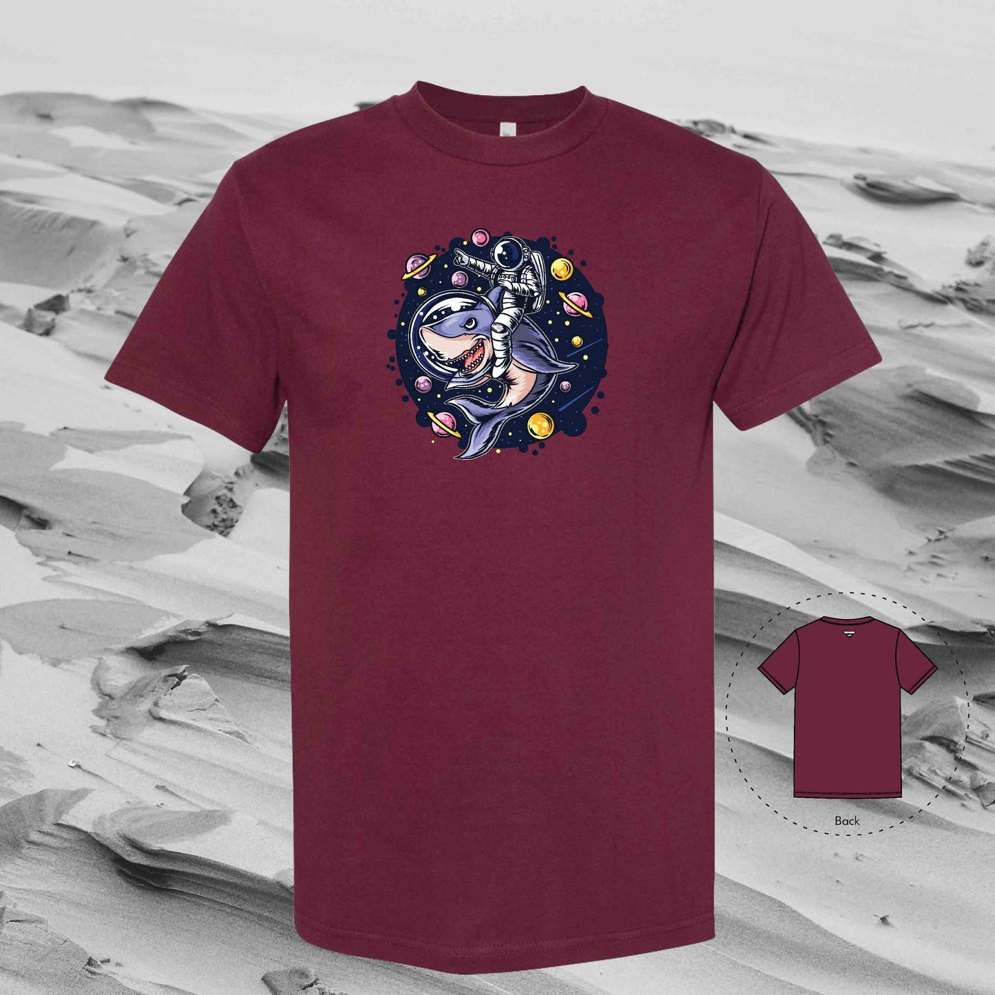 RIDE WITH SHARK Strolling Astronaut T-Shirt (Burgundy)