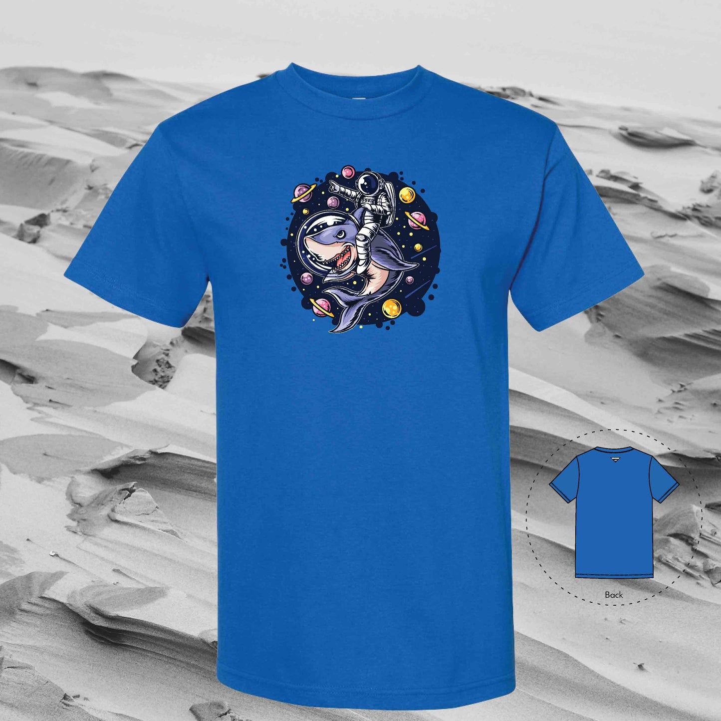 RIDE WITH SHARK Strolling Astronaut T-Shirt (Blue)