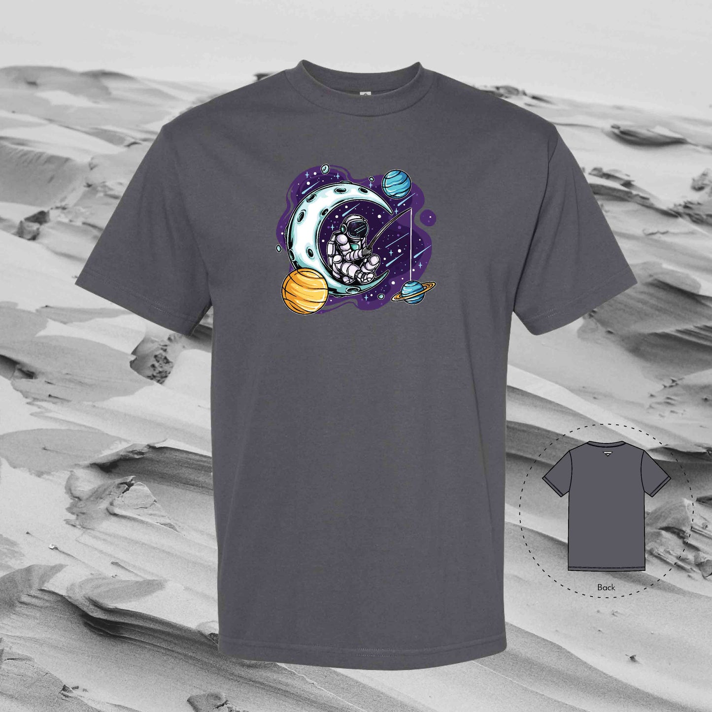 FISHING PLANETS with Strolling Astronaut T-Shirt (Charcoal)