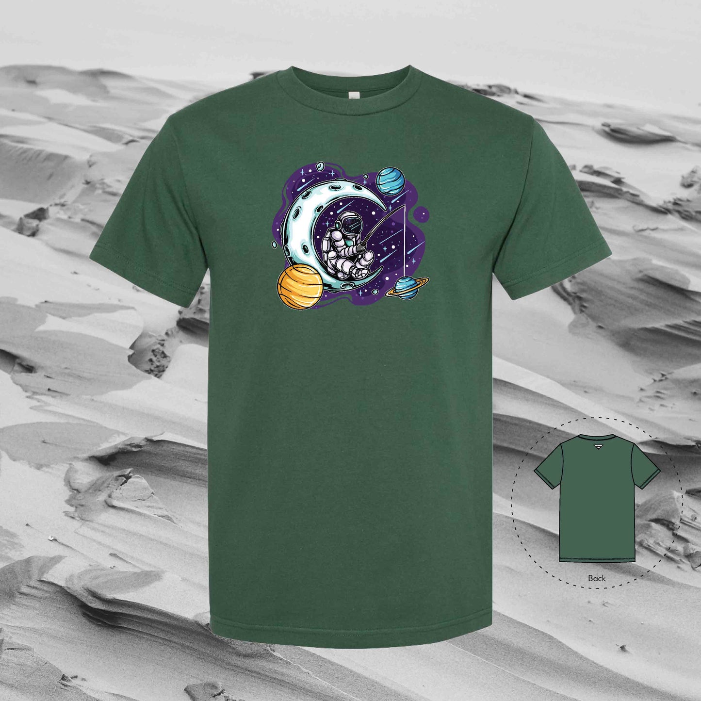 FISHING PLANETS with Strolling Astronaut T-Shirt (Forest Green)