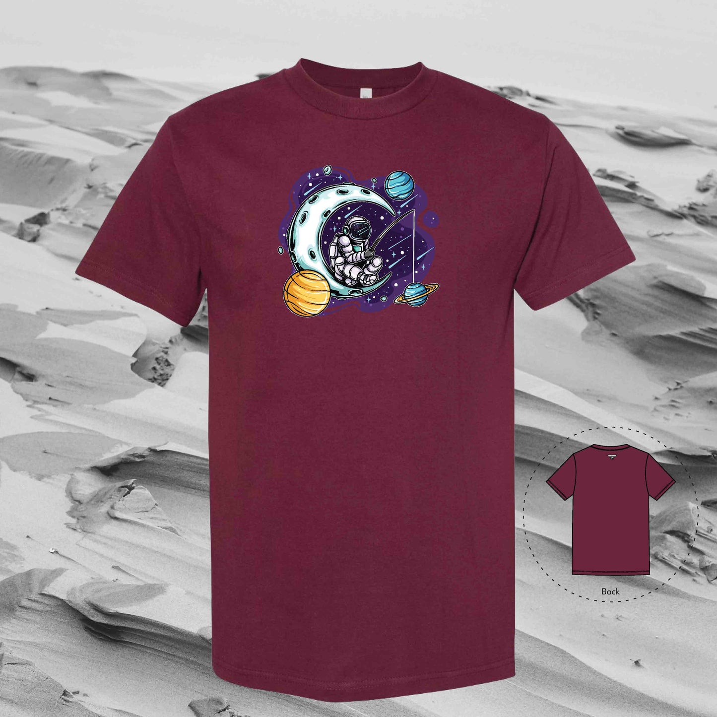 FISHING PLANETS with Strolling Astronaut T-Shirt (Burgundy)