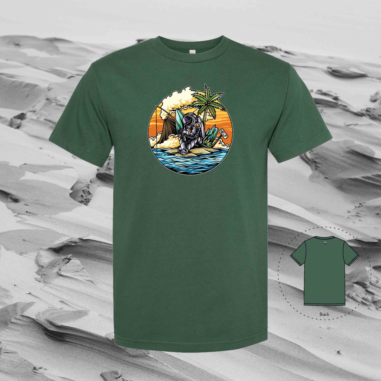 STRANDED ON ISLAND with Strolling Astronaut T-Shirt (Forest Green))