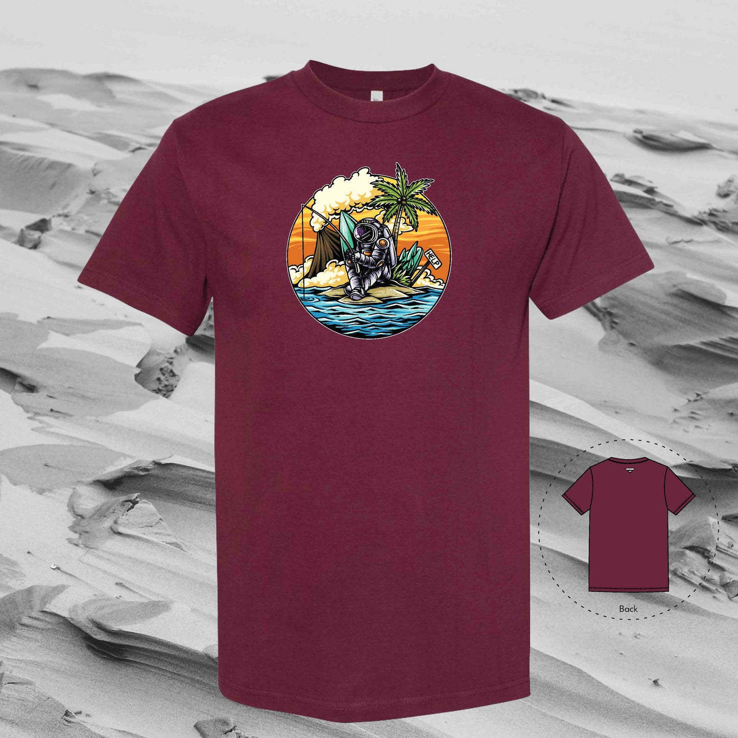 STRANDED ON ISLAND with Strolling Astronaut T-Shirt (Burgundy)