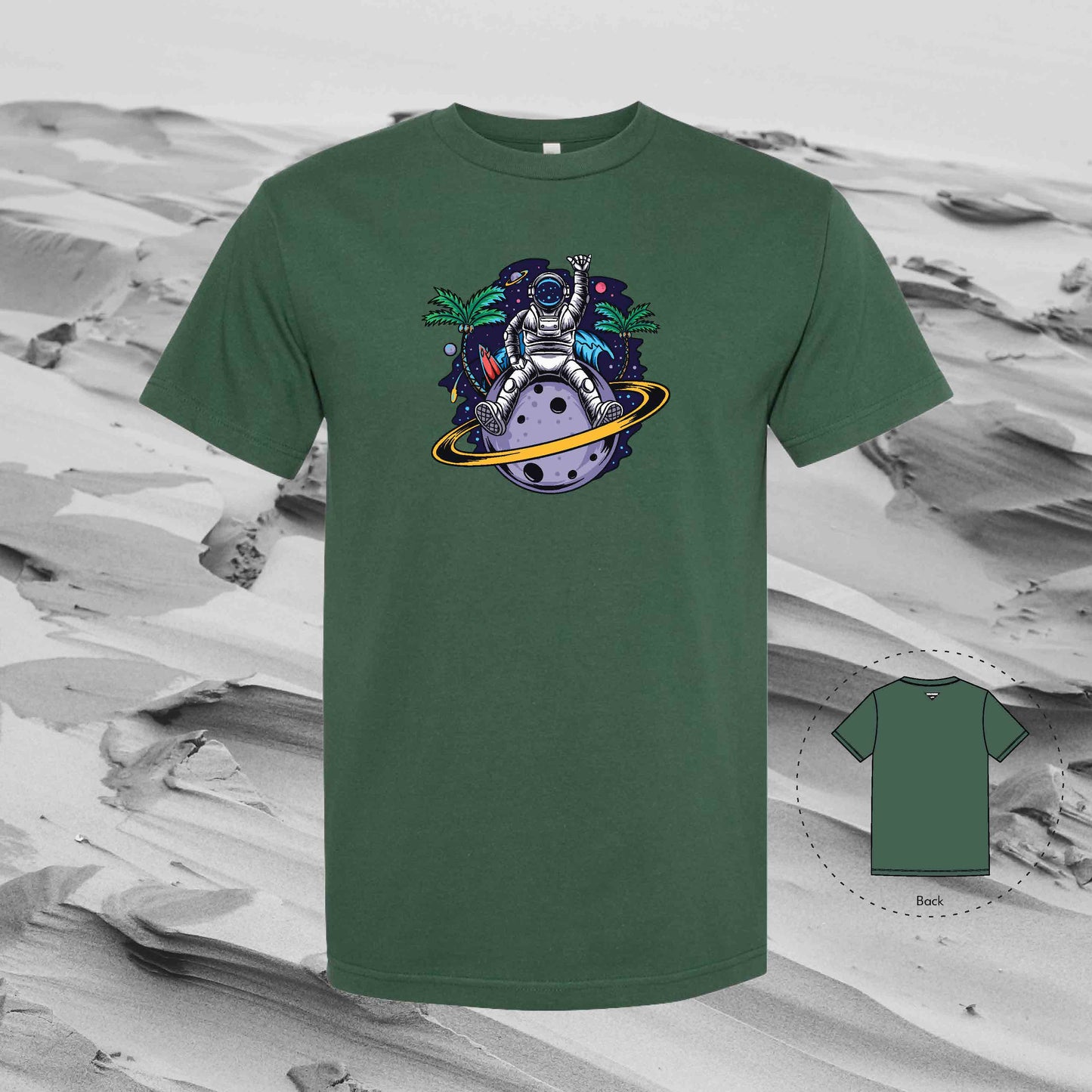 LOVE SATURN with Strolling Astronaut T-Shirt (Forest Green)