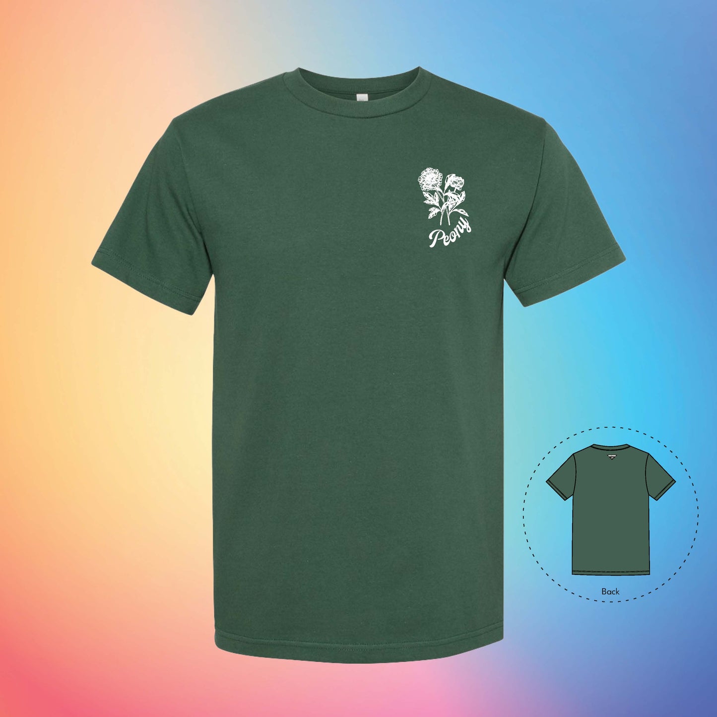 PEONY Flowers and Leaves T-Shirt (Forest Green)